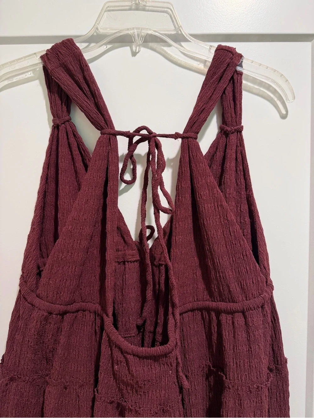 Free People Burgundy Tiered Maxi Dress with Lace-Up Back Size Medium
